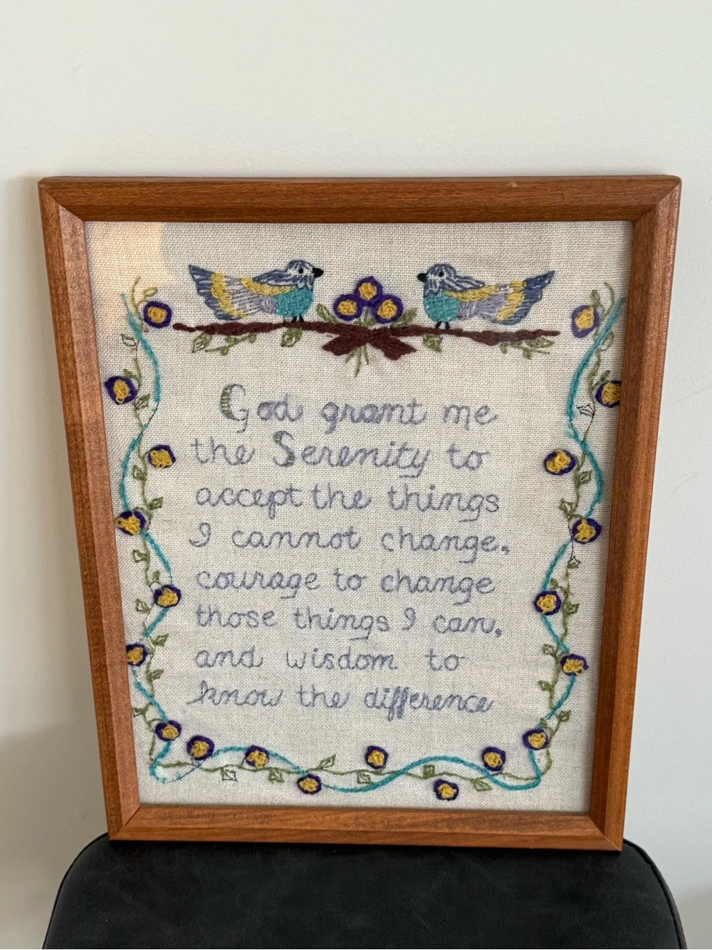 Vintage Embroidered Serenity Prayer Wall Art in Blue and Yellow